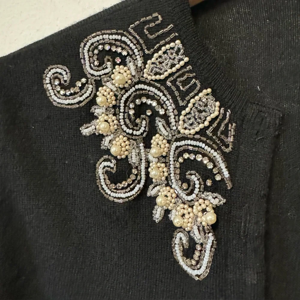 Vintage 50s Hand Beaded‎ Cardigan Sweater Black Wool Couture Womens Small Read